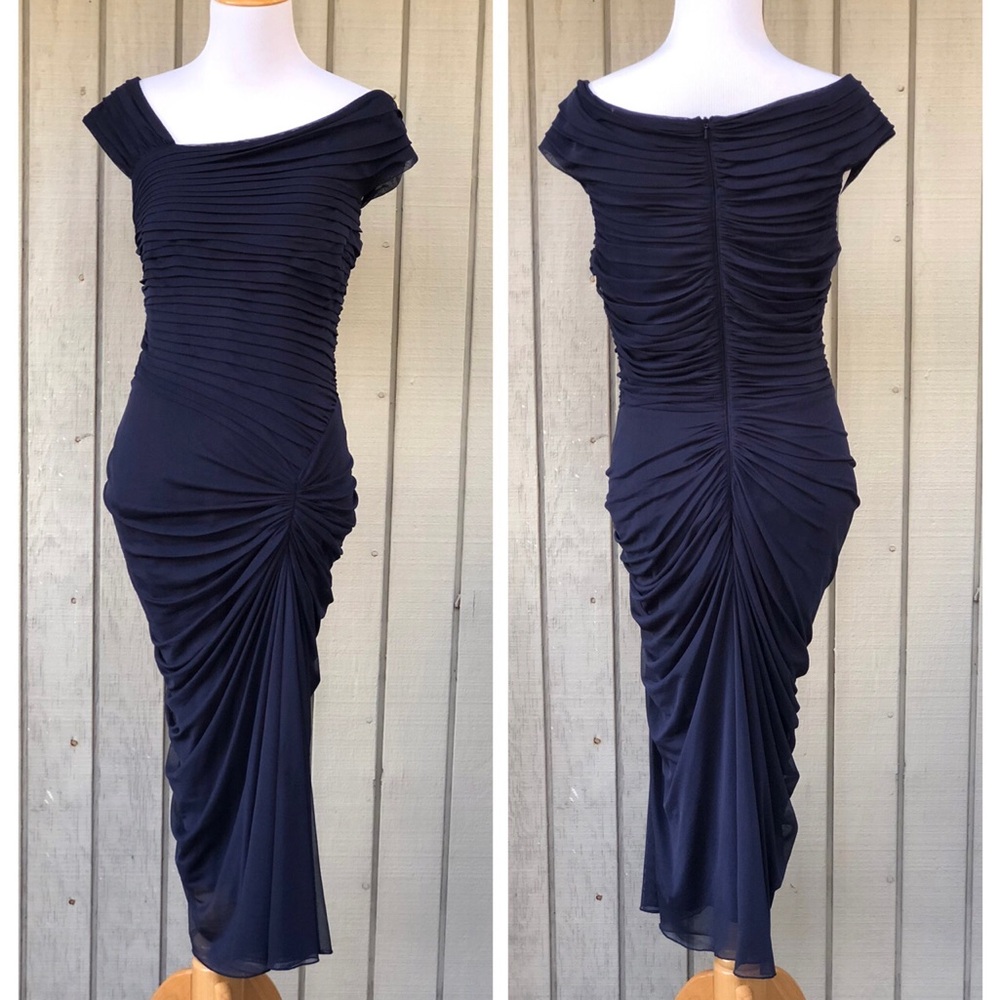 Tadashi Shoji Pleated Drapy Cinched Asymmetrical Navy Blue Cocktail Dress size M